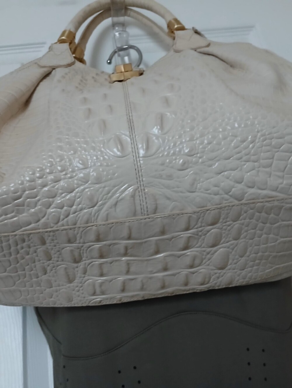 Brahmin Cream Croc-Embossed Leather Hobo Bag